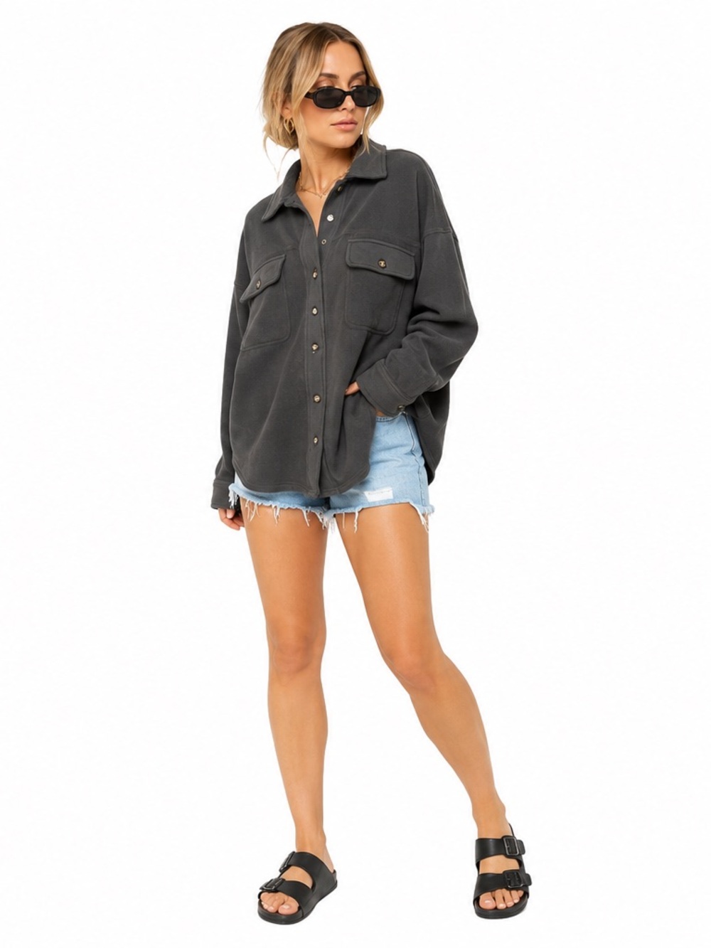 BiBi Charcoal Gray Fleece Shacket Overshirt Jacket Women’s Large Oversized